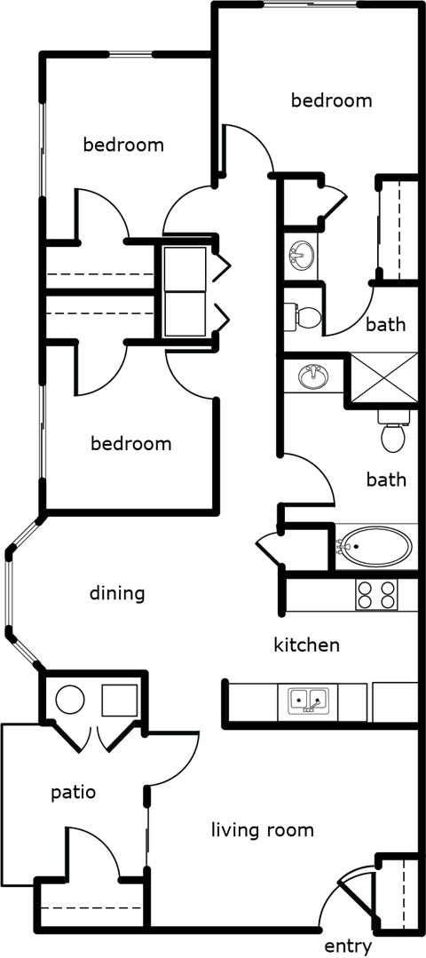 Floor plan for 3 beds, 2 baths, 1215 sqft